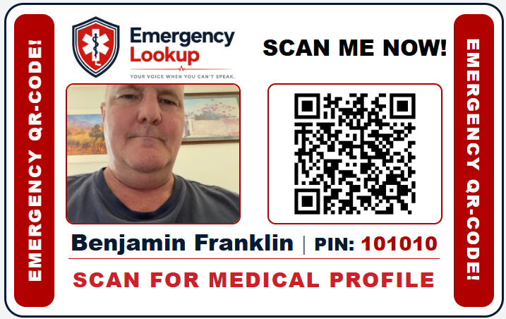 Sample EmergencyLookup Card with QR code and demo PIN